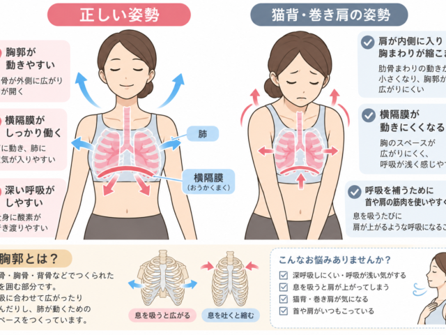 深呼吸しにくい・呼吸が浅いのは姿勢が関係している？猫背・巻き肩と呼吸の関係